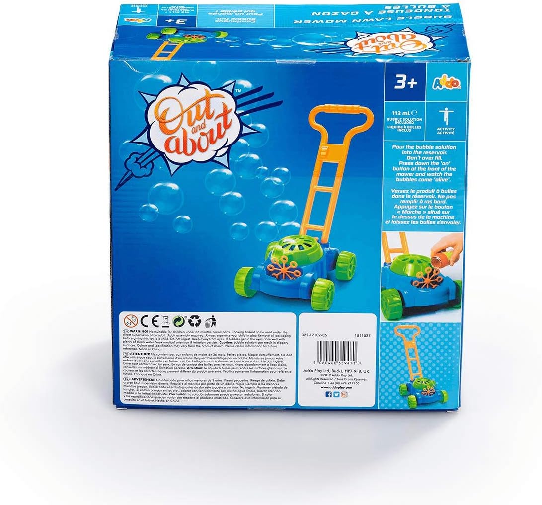 Addo Out and About Bubble Lawn Mower - Push Along Motorized Bubble Machine with Solution