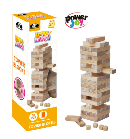 Power Joy Wooden Tower Blocks 54-Piece Stacking Game