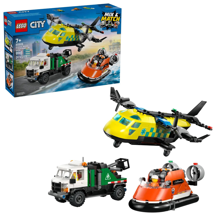 Lego City Airplane, Service Truck & Hovercraft Remix Building Set 3-in-1 Emergency Vehicle Toy for Kids