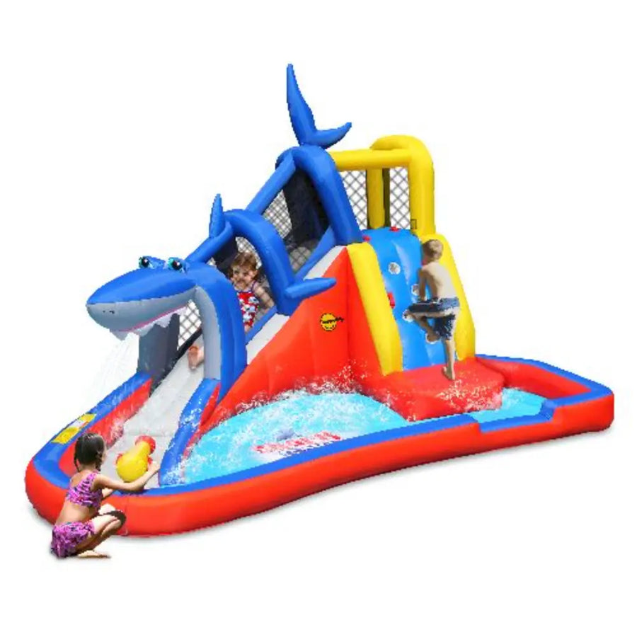 Happy Hop Shark Cave Adventure Inflatable Water Slide Park with Climbing Wall and Water Cannon - 520x390x324cm