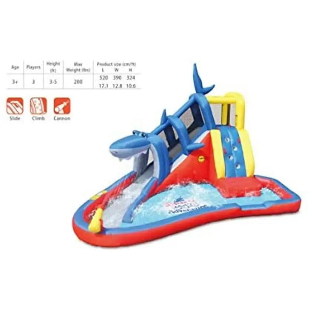 Happy Hop Shark Cave Adventure Inflatable Water Slide Park with Climbing Wall and Water Cannon - 520x390x324cm