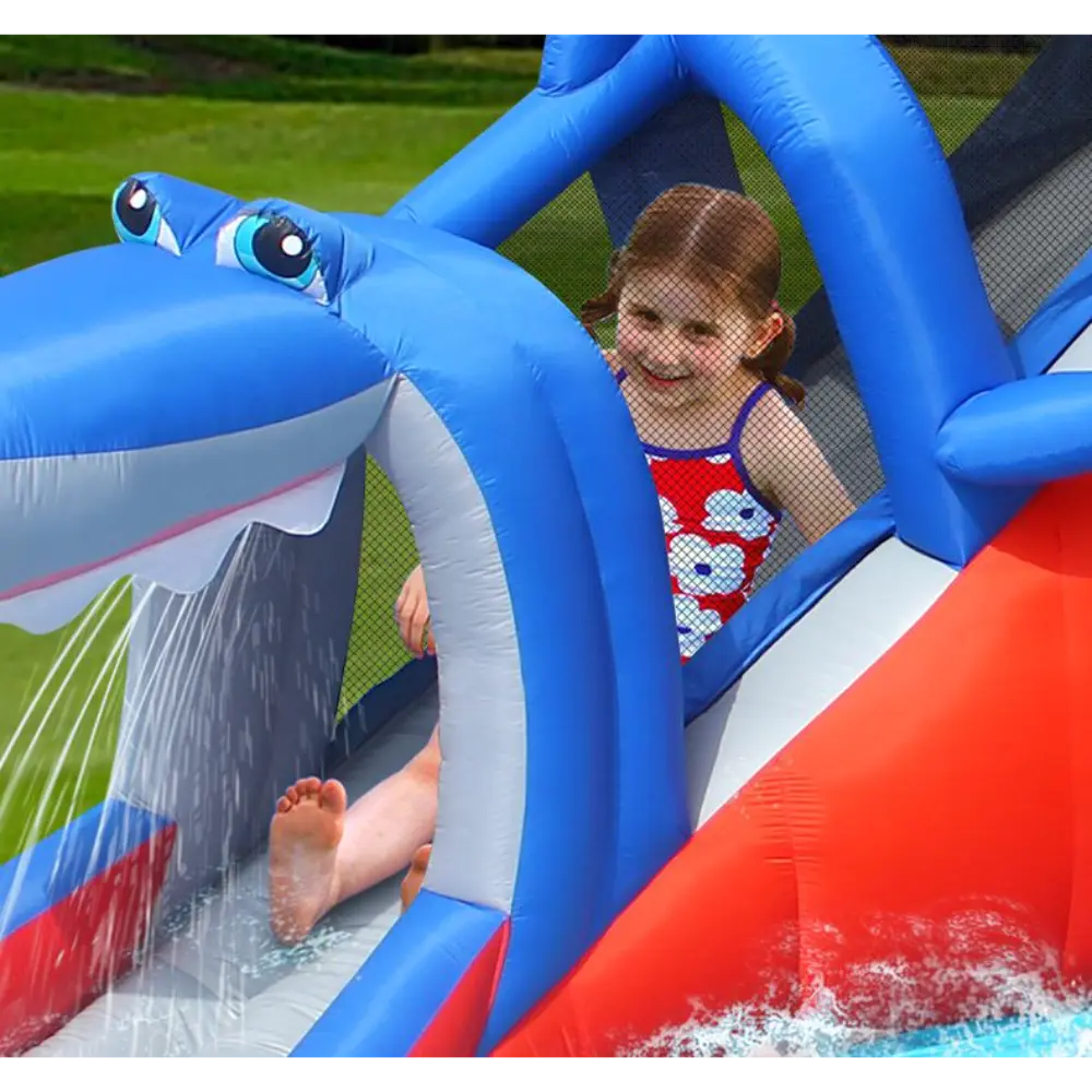 Happy Hop Shark Cave Adventure Inflatable Water Slide Park with Climbing Wall and Water Cannon - 520x390x324cm