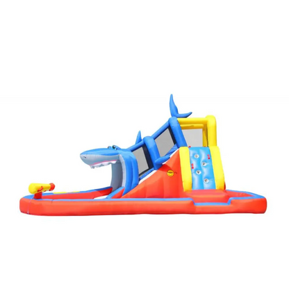 Happy Hop Shark Cave Adventure Inflatable Water Slide Park with Climbing Wall and Water Cannon - 520x390x324cm