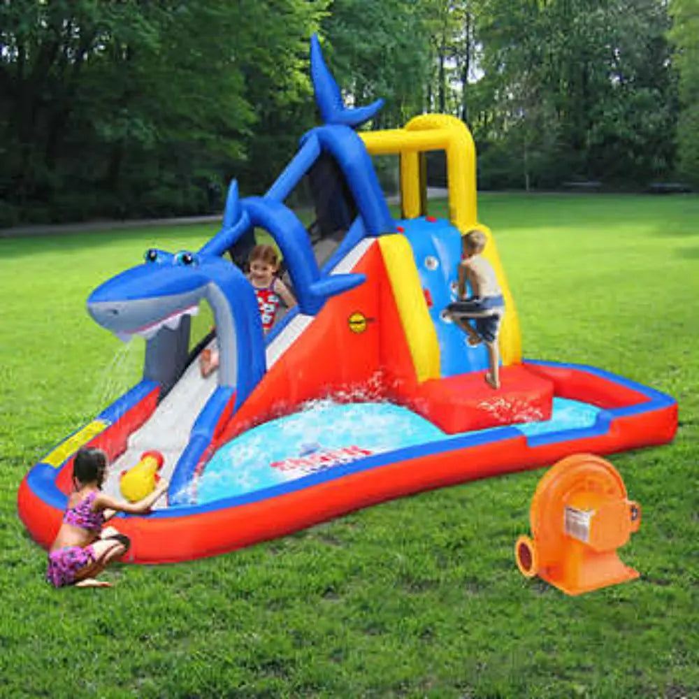 Happy Hop Shark Cave Adventure Inflatable Water Slide Park with Climbing Wall and Water Cannon - 520x390x324cm