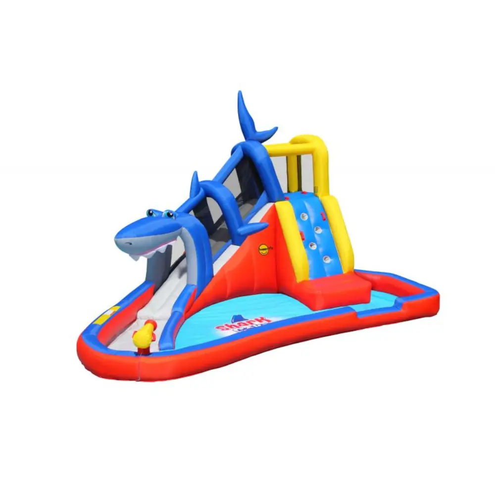 Happy Hop Shark Cave Adventure Inflatable Water Slide Park with Climbing Wall and Water Cannon - 520x390x324cm