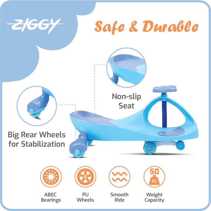 Ziggy Swing Car Blue Kids Ride-On Car with LED Wheels